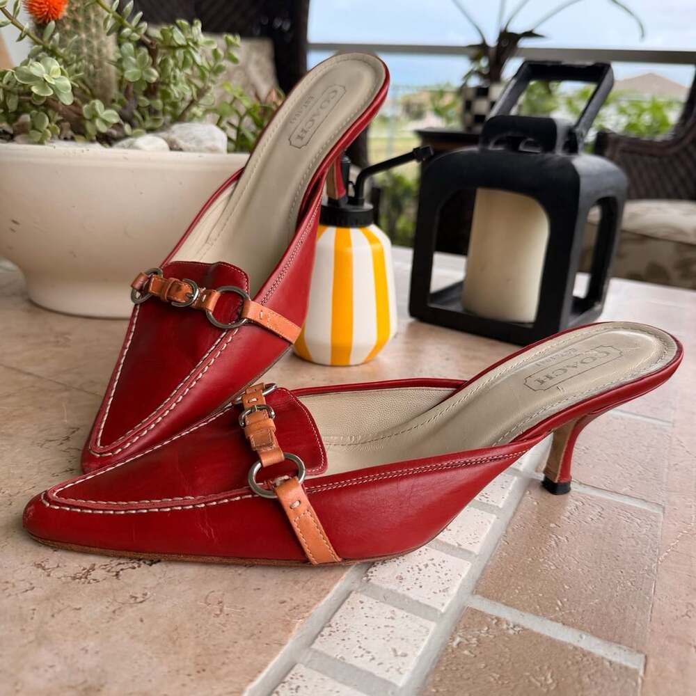 Vintage Y2K Coach Italian Red Leather Pointed Toe Kitten Heel Mules Buckle Strap